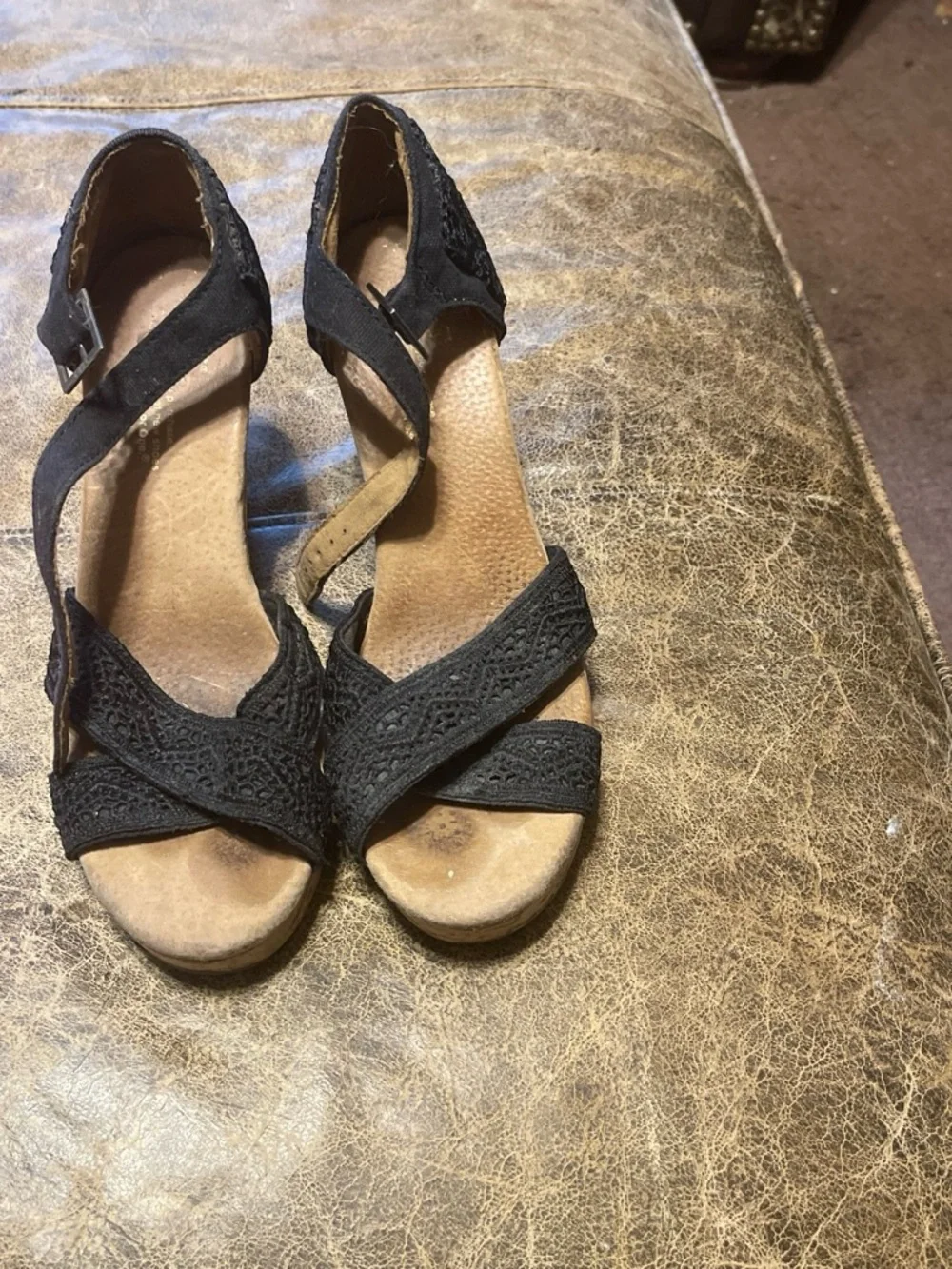TOMS Black Woven Cork Wedge Sandals with Blue Logo Patch
